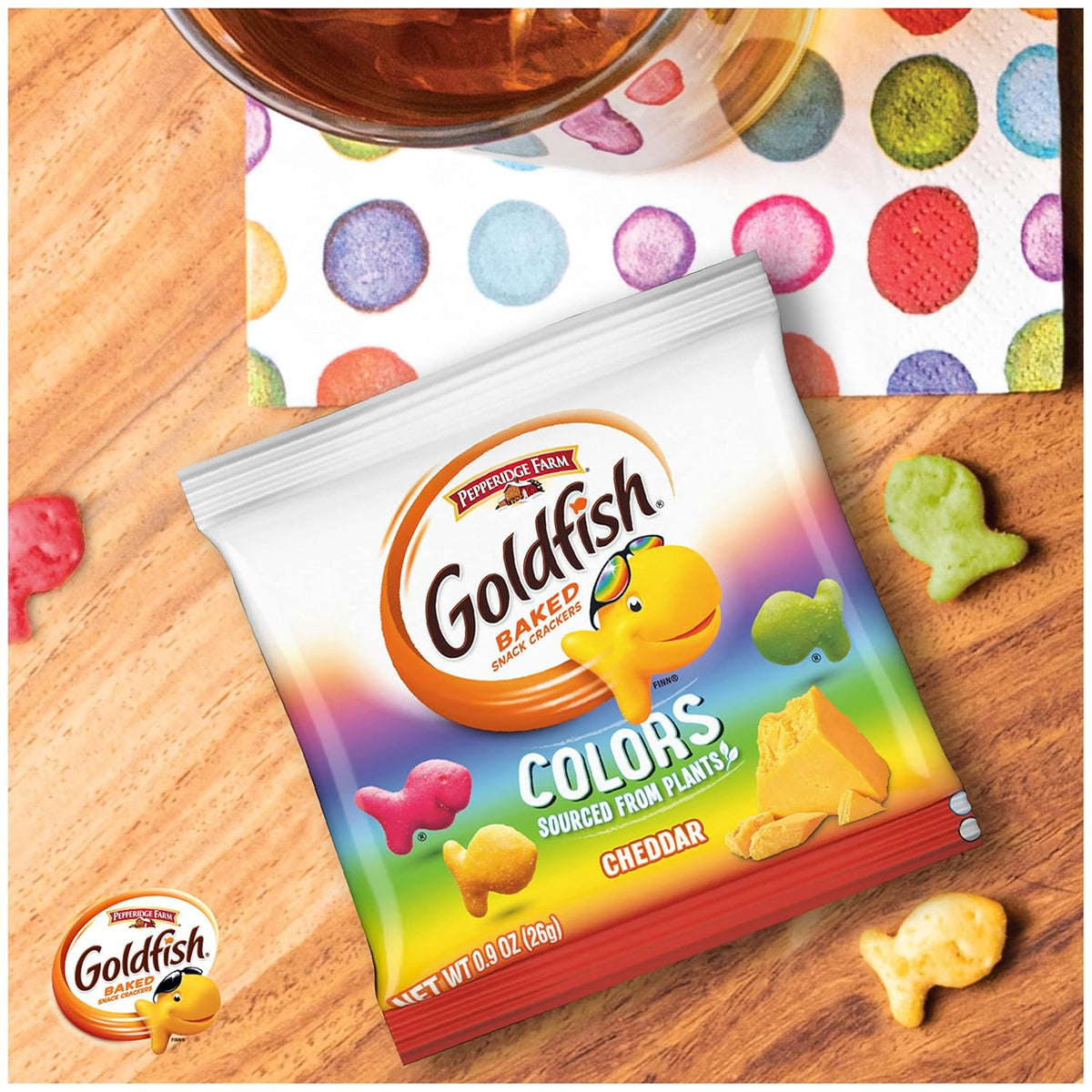 Goldfish Colors Cheddar Crackers, Snack Pack, 0.9 oz, 9 CT Multi-Pack Tray