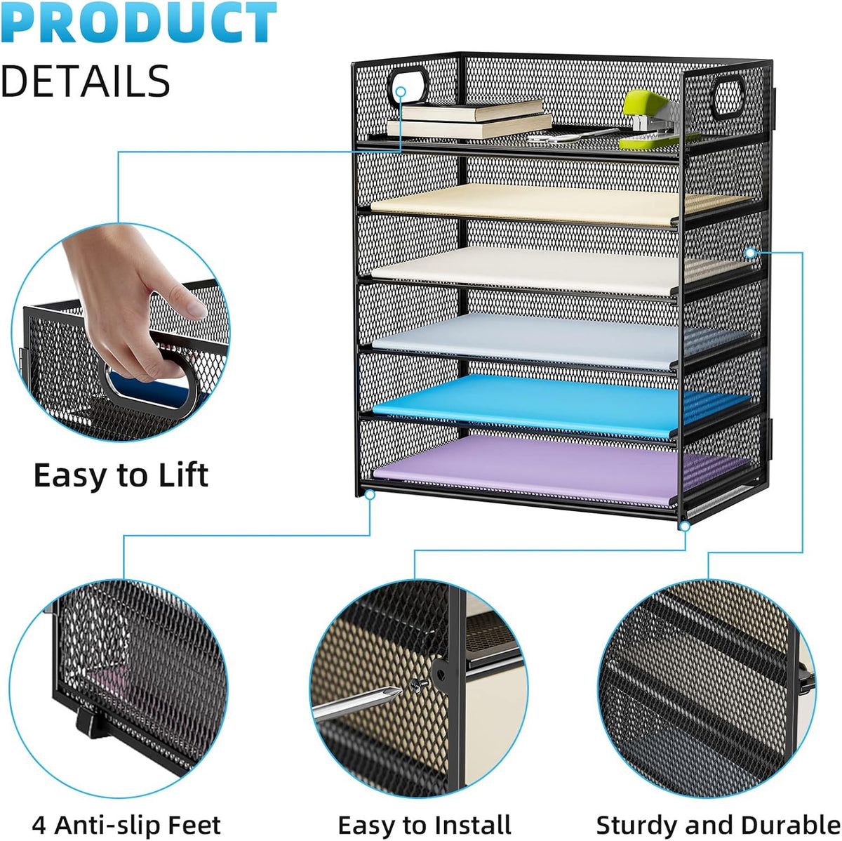 Marbrasse 6 Tier Paper Organizer Letter Tray - Mesh Desk File Organizer with Handle, Paper Sorter Organizer for Letter/A4 Office File Folder Holder