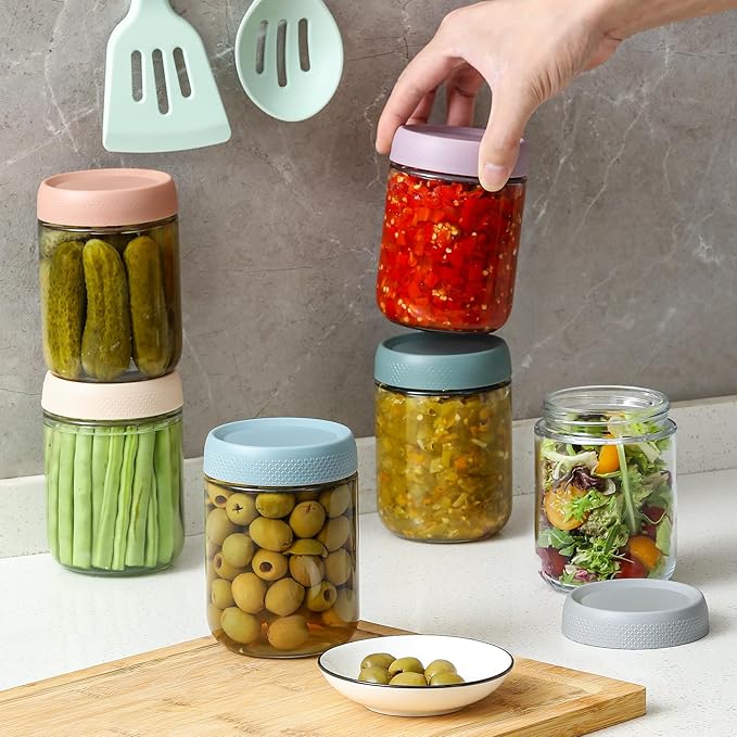 NETANY 6-pack 16 oz Overnight Oats Containers with Lids, Glass jars with Airtight Lids, Wide mouth Mason Salad jars, Glass Food Storage Containers