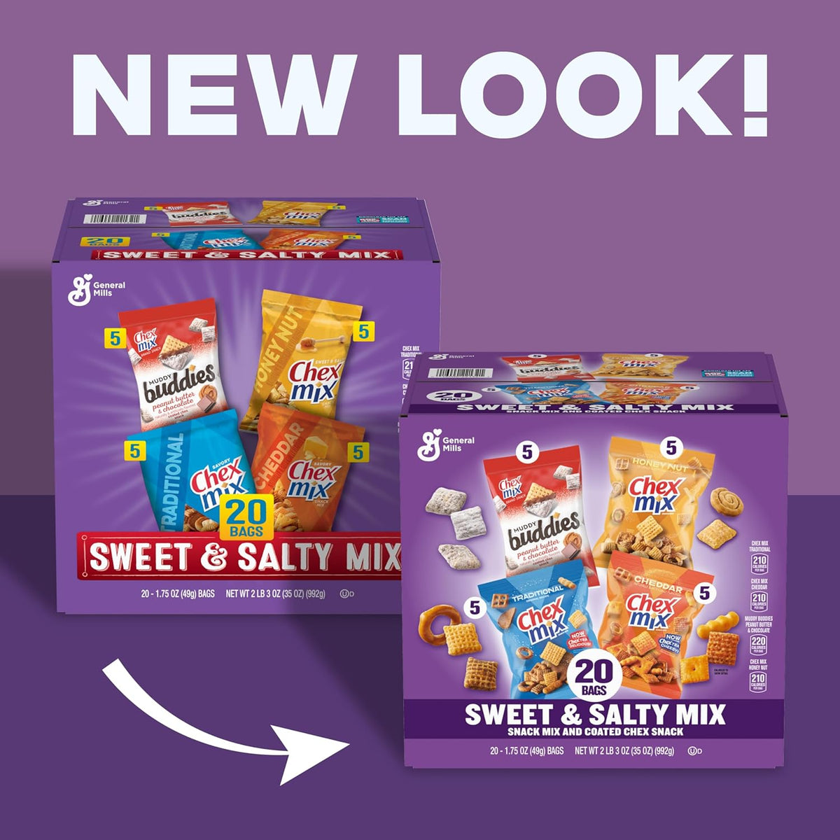 Sweet and Salty Snack Variety Pack, Muddy Buddies Peanut Butter and Chocolate, Chex Mix Traditional, Cheddar, and Honey Nut, 20 Ct, 35 oz