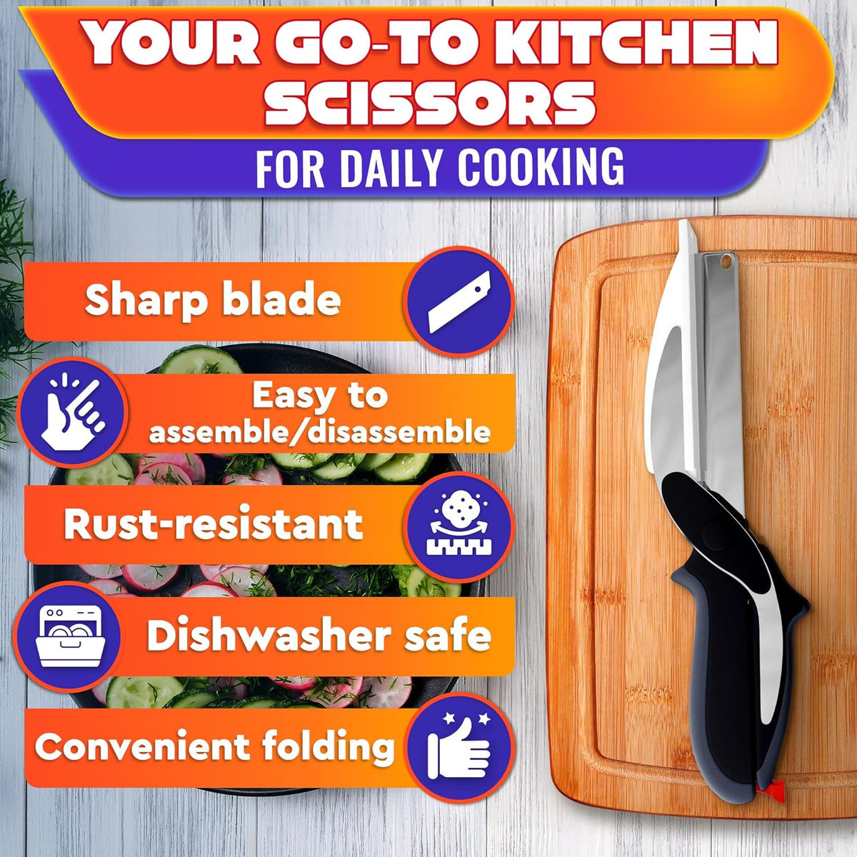 2 in 1 Kitchen Scissors for Food – Stainless Steel Blade & Plastic Cutting Board Scissors with Safety Lock | 9.6" Tomato Knife, Fruit & Vegetable