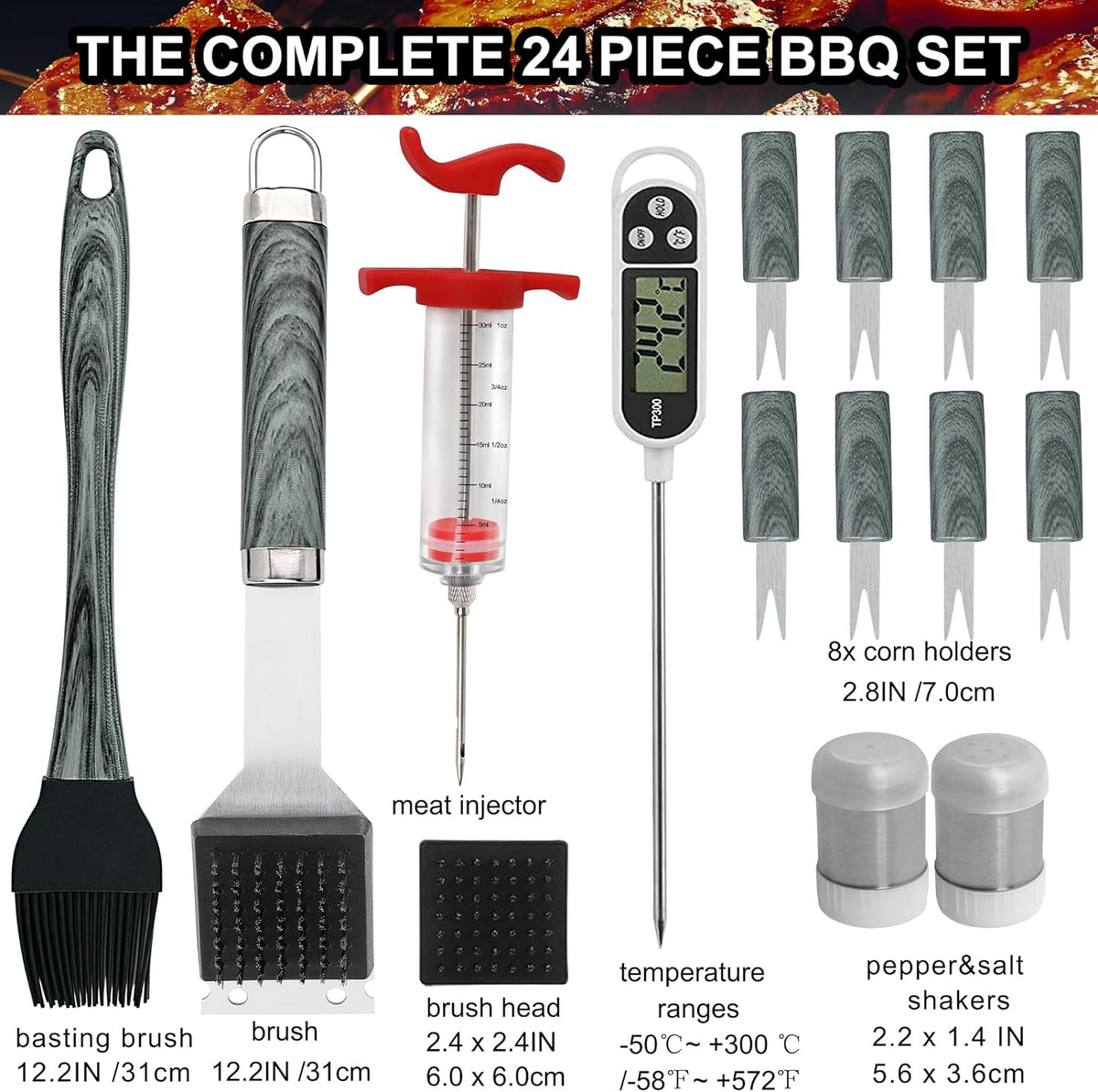 grilljoy 24PCS BBQ Grill Tools Set with Meat Thermometer and Injector - Extra Thick Stainless Steel Fork, Spatula& Tongs - Complete BBQ Accessories