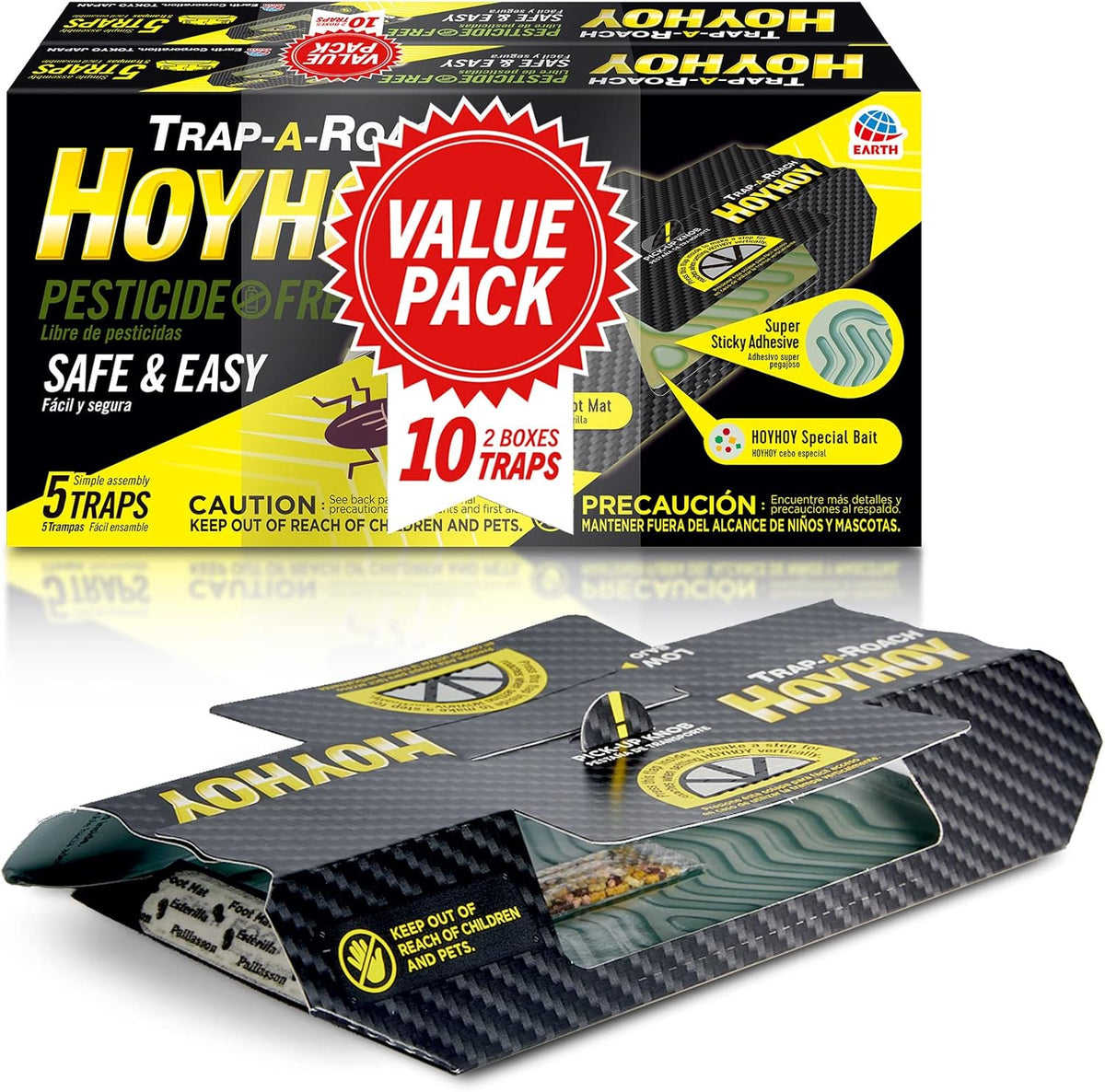 HOY HOY Trap A Roach - 10 Traps [2 Pack] Baited Glue Traps, Great for Home with Kids & Pets Indoor, Sticky Pest Control Trap, Roach Killer, Made in
