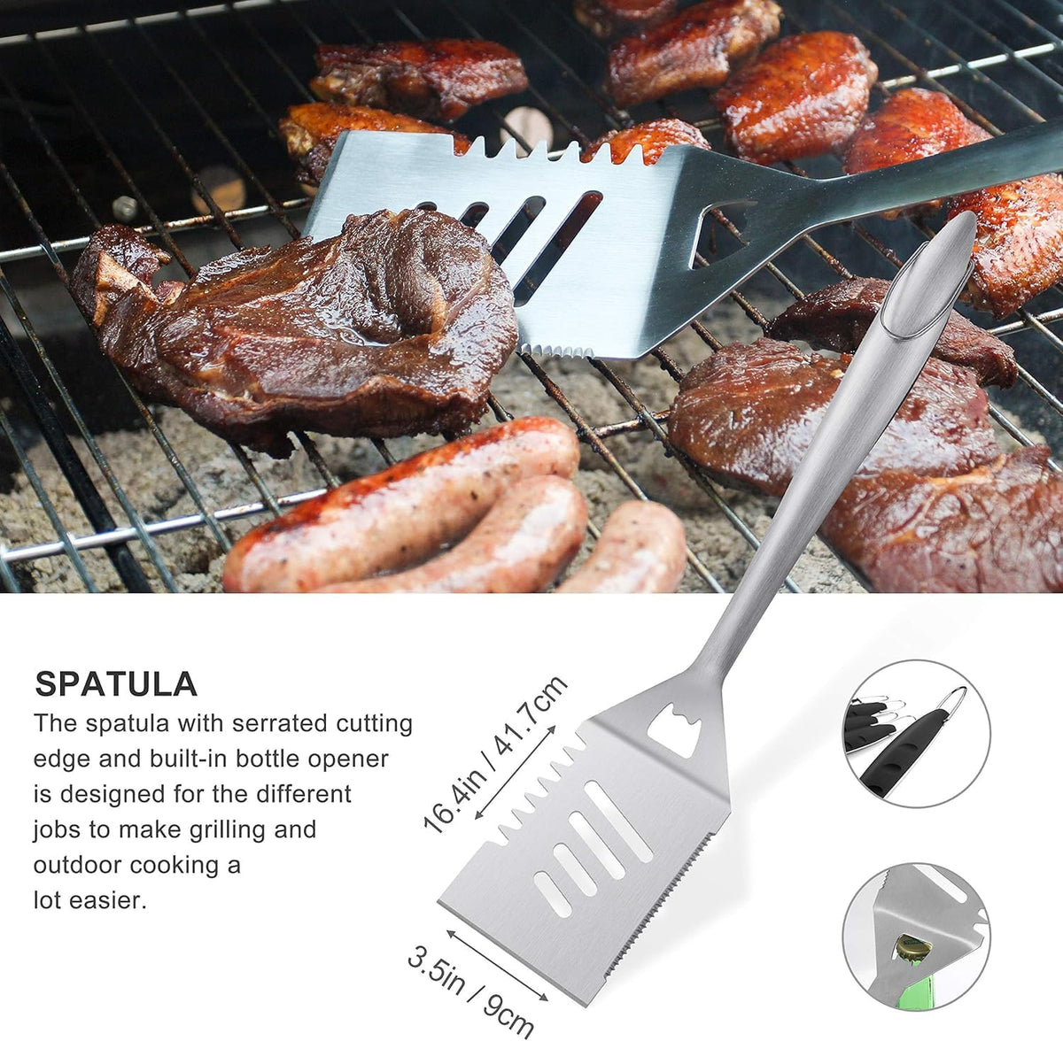 grilljoy 8PCS BBQ Grill Tools Set with Extra Thick Stainless Steel Spatula, Fork, Tongs & Cleaning Brush - Complete Barbecue Accessories Kit with