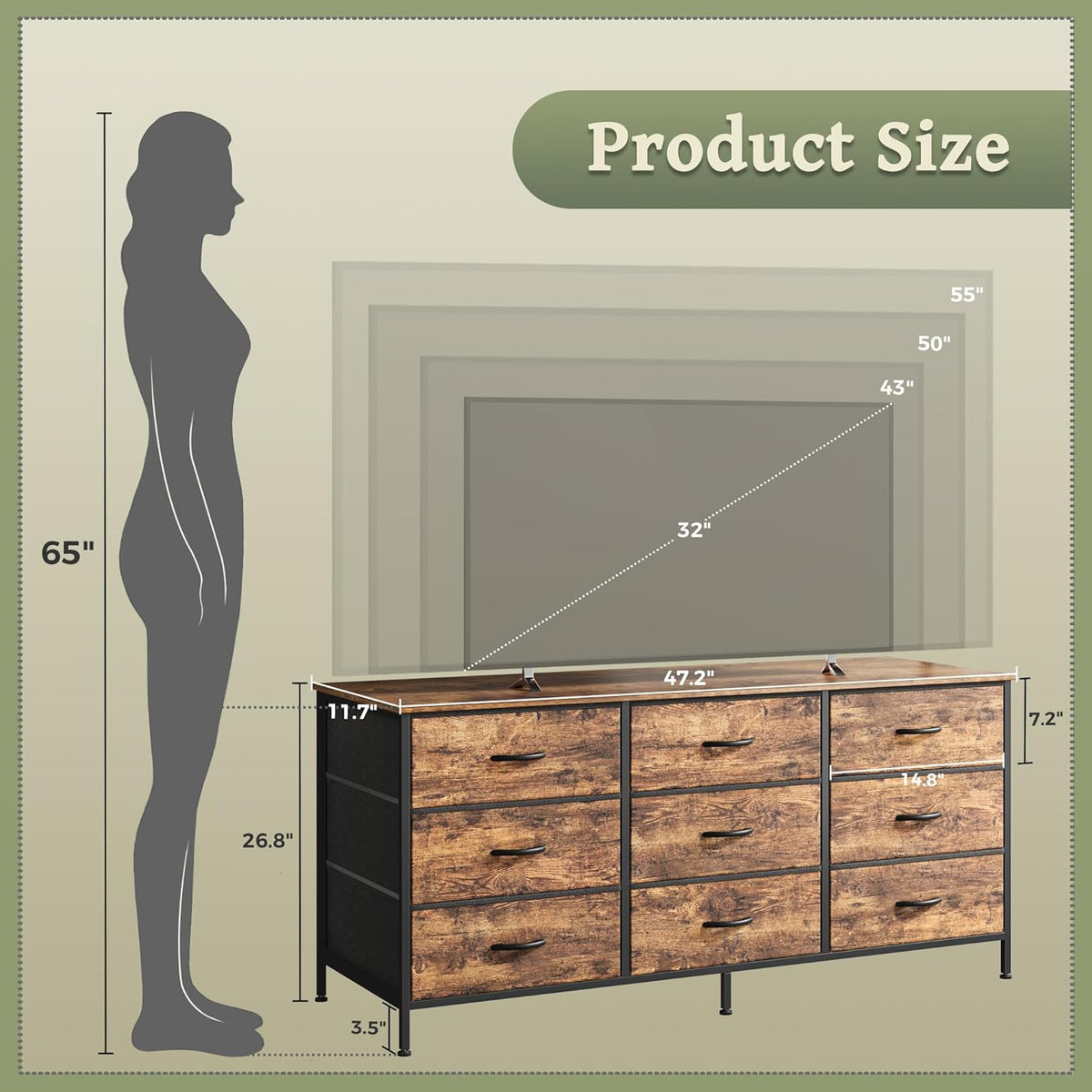 Huuger 9 Drawer Dresser, 47 Inch Dresser TV Stand for 50, 55 Inch TV, Entertainment Center with Drawers, for Bedroom, Closet, Rustic Brown