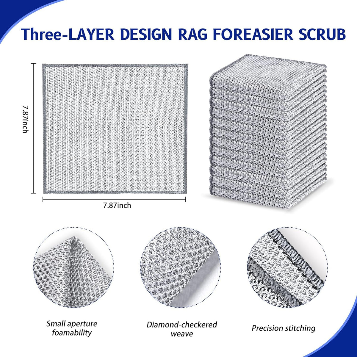 12 PCS 3-Layer Non-Scratch Multipurpose Steel Wire Dishcloths - Reusable Quick-Dry Odor-Free Scrub Cloths for Dishes, Kitchen Cleaning Cloths for