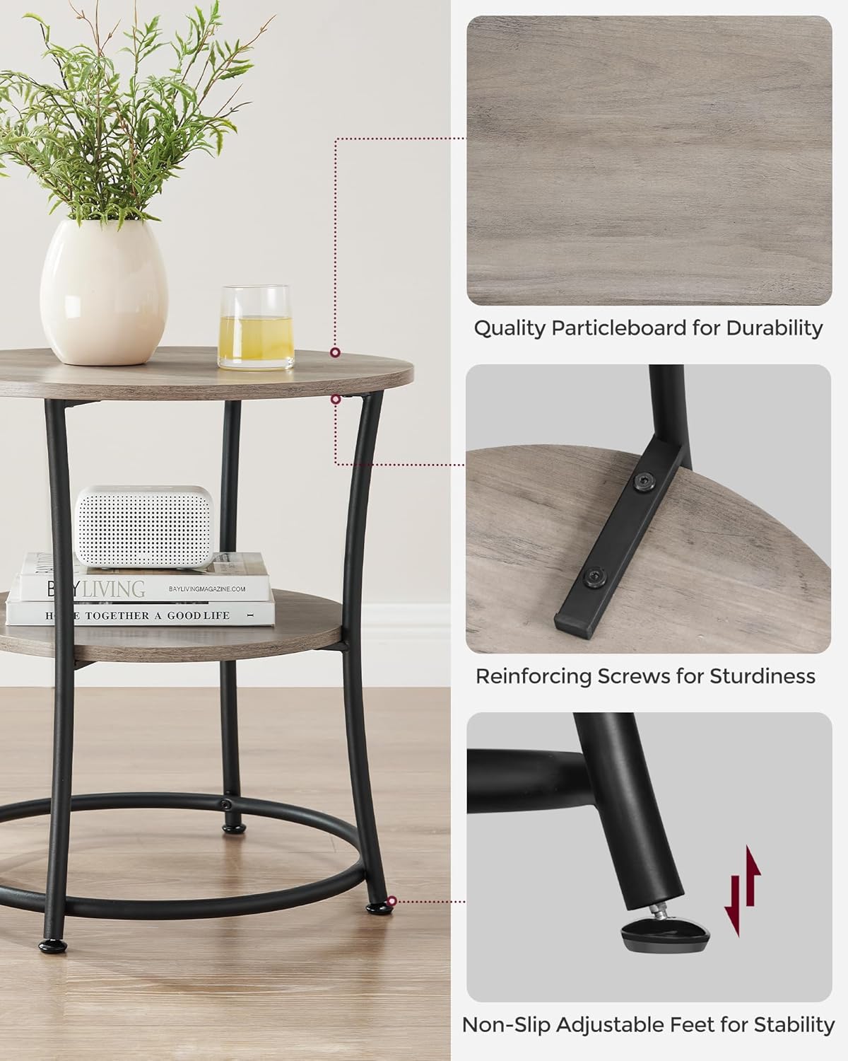 VASAGLE Side Table, 2-Tier Round End Table, Nightstand with Steel Frame for Small Spaces, Living Room, Bedroom, Heather Greige and Ink Black