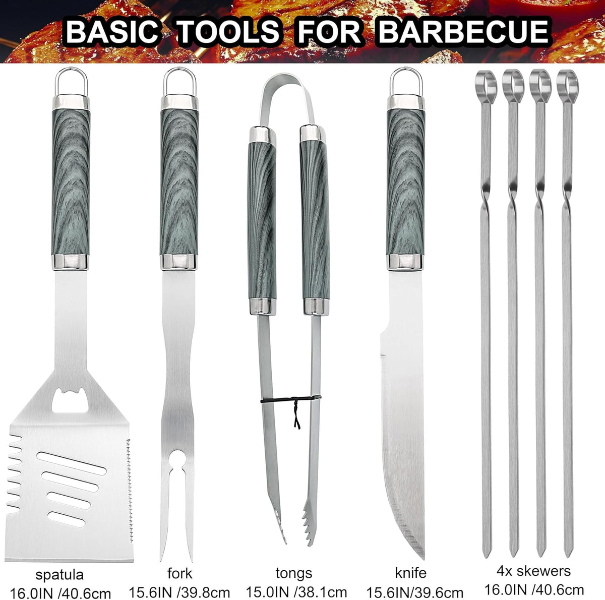 grilljoy 24PCS BBQ Grill Tools Set with Meat Thermometer and Injector - Extra Thick Stainless Steel Fork, Spatula& Tongs - Complete BBQ Accessories