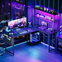 AODK L Shaped Desk Gaming Desk with LED Light & Power Outlet, 53 Inch Reversible L Shaped Computer Table with Shelf & Storage Bag & Hook for Home