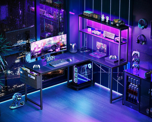 AODK L Shaped Desk Gaming Desk with LED Light & Power Outlet, 53 Inch Reversible L Shaped Computer Table with Shelf & Storage Bag & Hook for Home