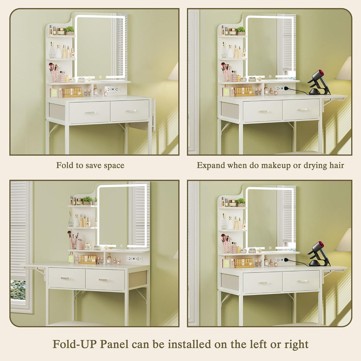 Small Vanity Desk with Mirror and Lights, Makeup Vanity with Fabric Storage Drawer, Chair and Three Shelves, White Vanity with Power Outlet and
