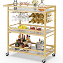 Leteuke Bar Cart for Home, 3 Tier Gold Serving Rolling Carts with Wheels, Drink Cart, Liquor Stand with Marbled Wooden Shelves, Wine Rack and Glass