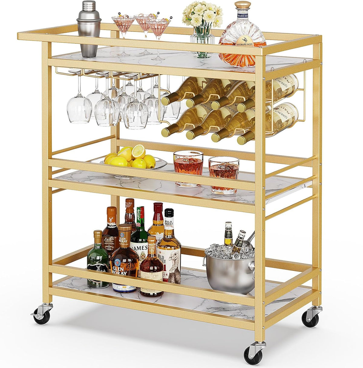 Leteuke Bar Cart for Home, 3 Tier Gold Serving Rolling Carts with Wheels, Drink Cart, Liquor Stand with Marbled Wooden Shelves, Wine Rack and Glass