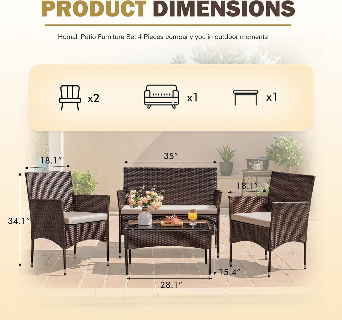 Homall 4 Pieces Outdoor Patio Furniture Sets Rattan Chair Wicker Set,Outdoor Indoor Use Backyard Porch Garden Poolside Balcony Furniture (Brown and