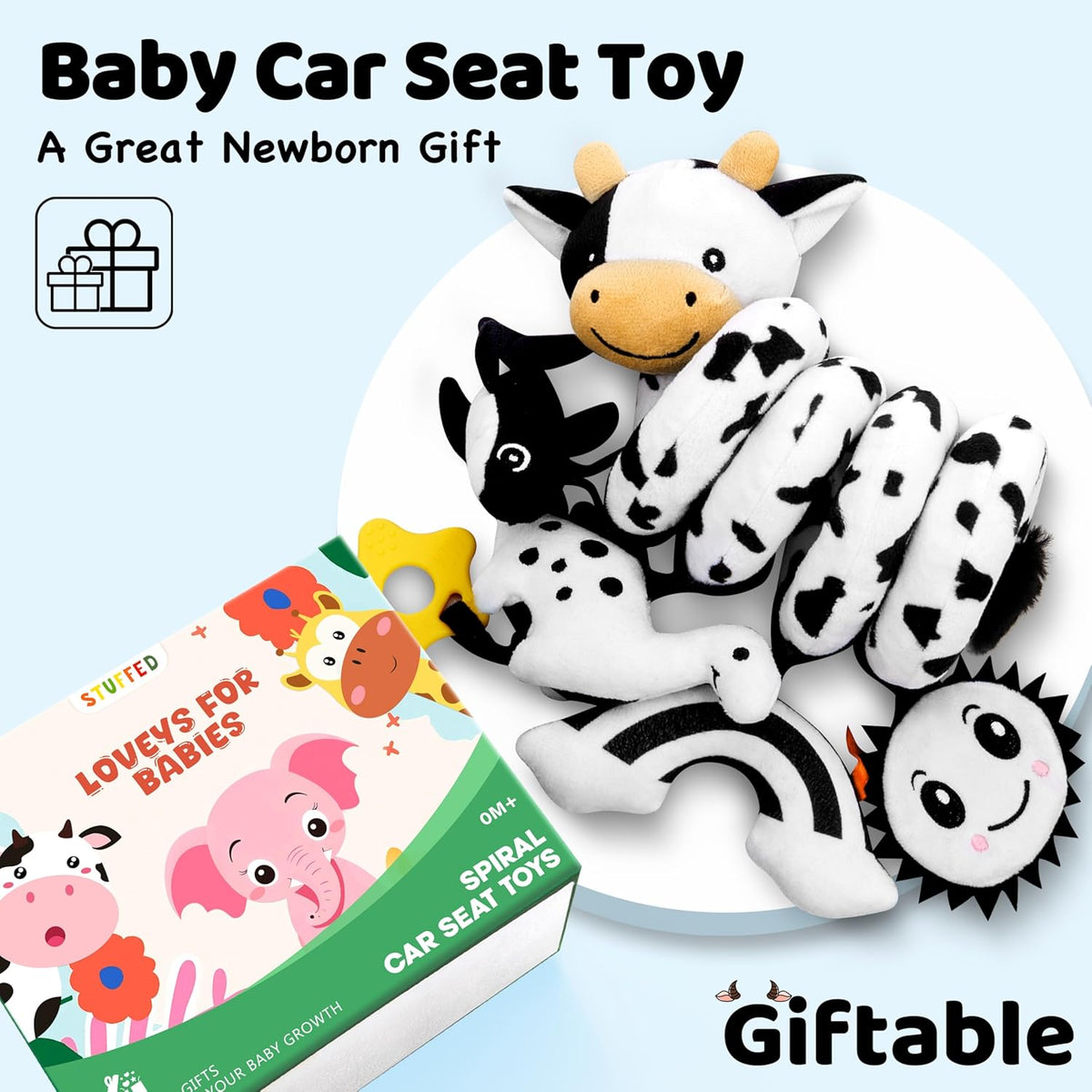 Spiral Car Seat Baby Toys 0-6 Months, Infant Carseat High Contrast Sensory Toys Hanging Stroller Accessories, Newborn Shower Gifts for Baby Boys