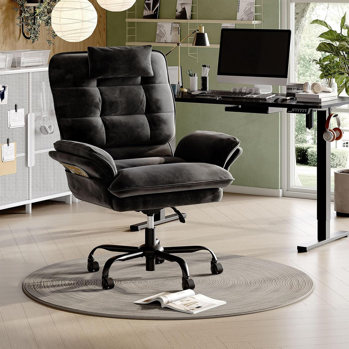 Bestier Cross Legged Office Chair, Criss Cross Chair with Adjustable Arms, 135° Reclining Velet Executive Chair with Wheels, Big and Tall Computer