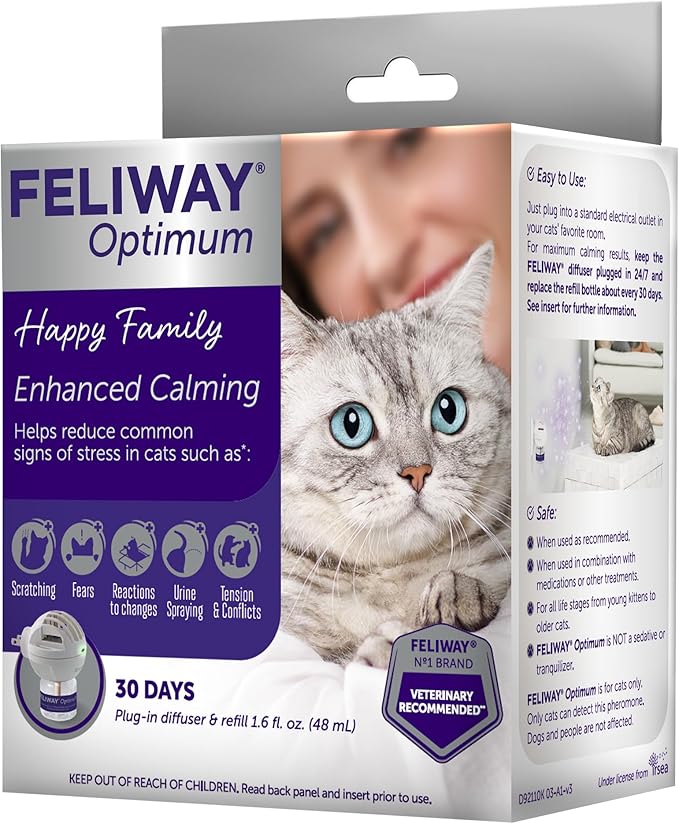 FELIWAY Optimum 30-Day Cat Calming Plug in Pheromone Diffuser Starter Kit, 48ml - Helps Reduce Common Signs of Stress in Cats & Kittens, Enhanced