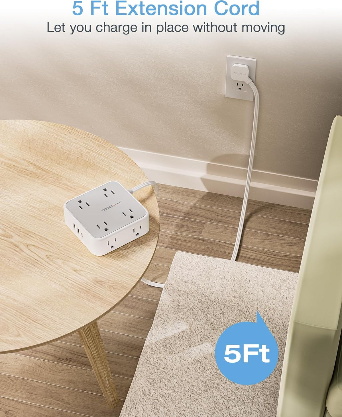 TESSAN Surge Protector Power Strip, 5 Ft Flat Plug Extension Cord with 3 USB (1 USB C) 8 Outlets, 1250W, 900J Protection, 3 Sided Outlet Extender