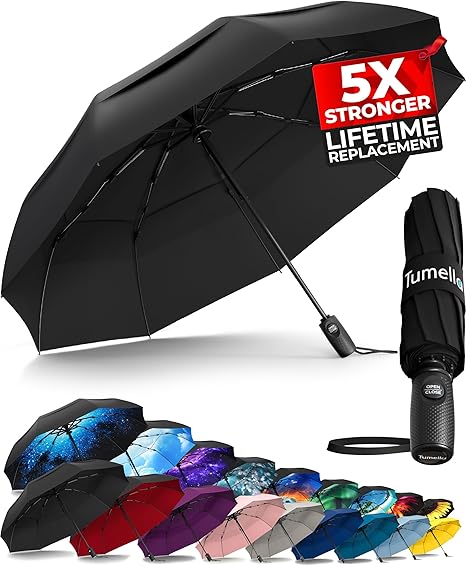 TUMELLA Strongest Windproof Travel Umbrella (Compact, Superior & Beautiful), Small Strong but Light Portable and Automatic Folding Rain Umbrella