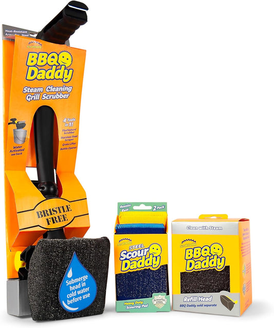 Scrub Daddy BBQ Grill Cleaner Kit - Bristle Free Grill Brush with Refill + Scour Daddy Steel Sponge - Temperature-Controlled Tools - Cut Through