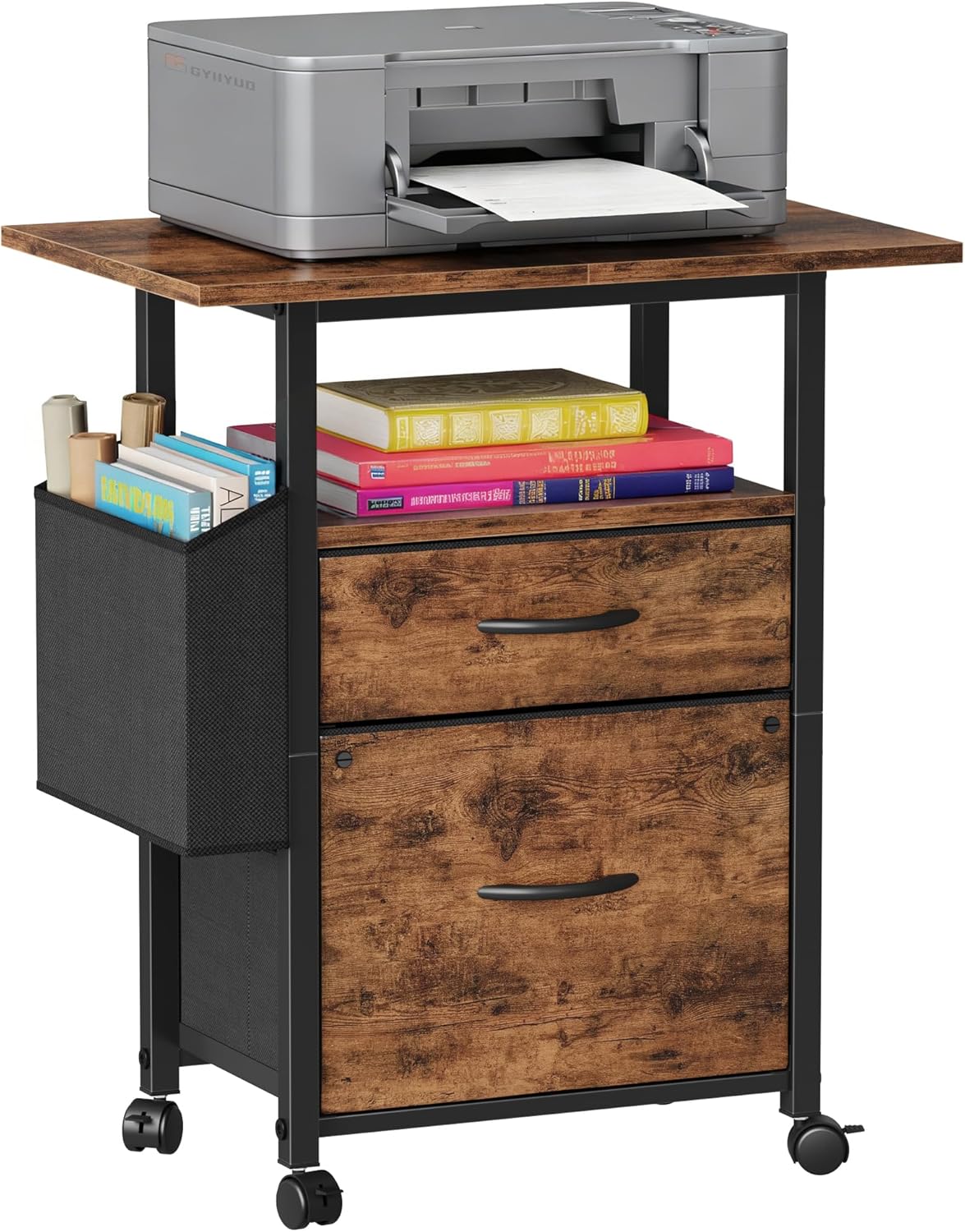 GYIIYUO 2 Drawer File Cabinet with 24'' Extended Desktop, Mobile Filing Cabinet, Rolling File Cabinet with Side Bag, Fabric Drawer, Fits A4/Letter