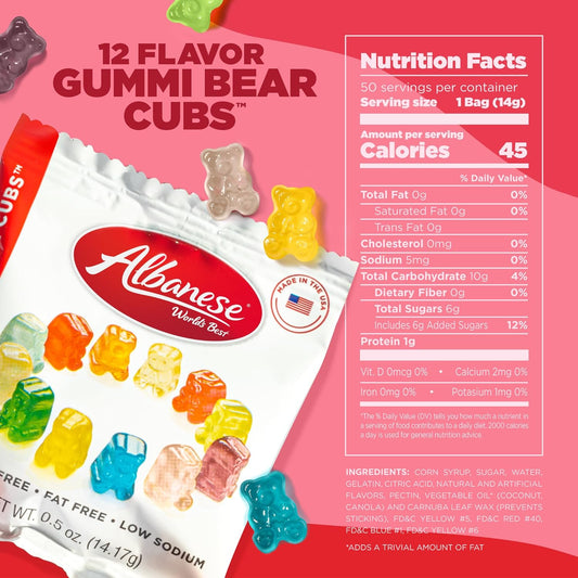 Albanese World's Best 12 Flavor Gummi Bear Cubs | 50-0.5oz Snack Packs of Candy | Miniature, Individually Wrapped, Soft Gummy |Cherry, Blue