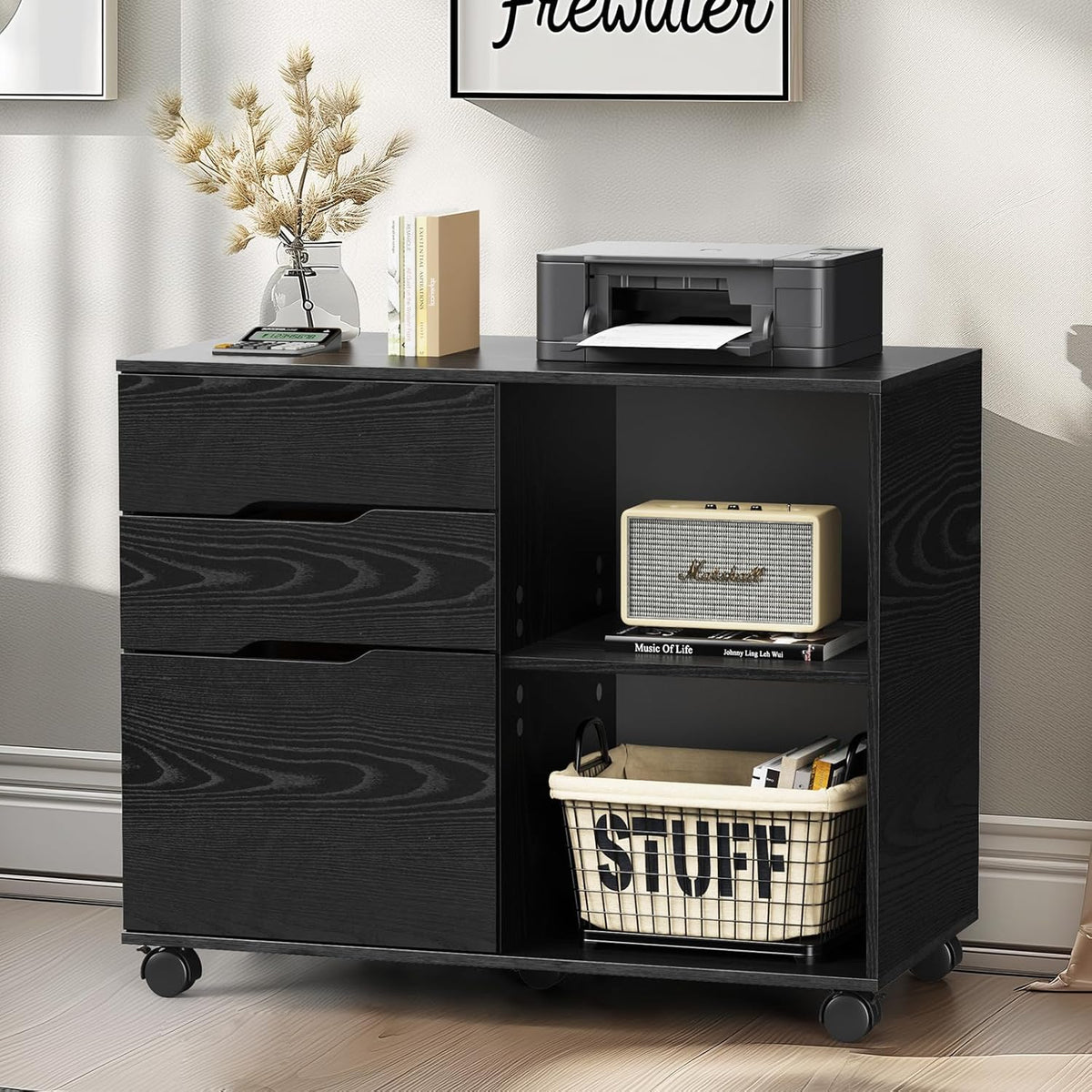 DUMOS Lateral File Cabinet with 3 Drawers Rolling Filing Cabinets Under Desk Storage Printer Stand Wood Organizer with Wheels Adjustable Shelf