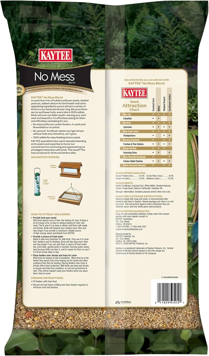 Kaytee Wild Bird (No Mess or Waste Free) Food Seed Blend For Blue Jays, Woodpeckers, Juncos, Cardinals, Grosbeaks, Sparrows, and Finches, 10 Pound