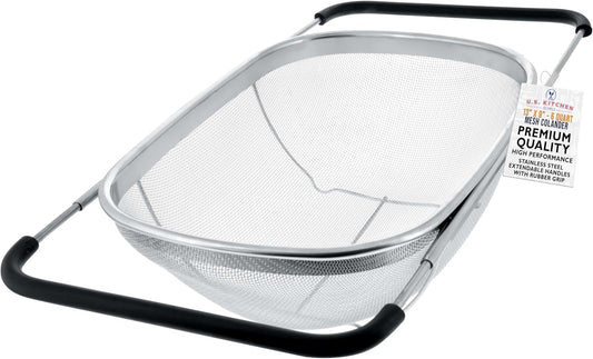 U.S. Kitchen Supply Stainless Steel Colander Strainer - 6-Quart Collapsible Colander with Expandable Rubber Handles - Rectangular Sieve, Fine Mesh