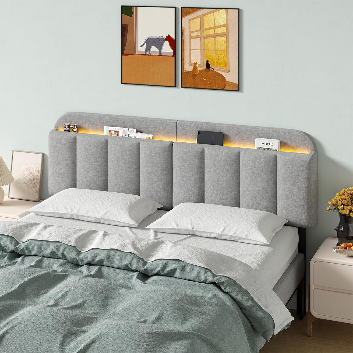 ONBRILL Adjustable Headboard for King/California King Size Bed Frame, Linen Fabric Bed Headboard with Storage & RGB LED Light in Modern Vertical
