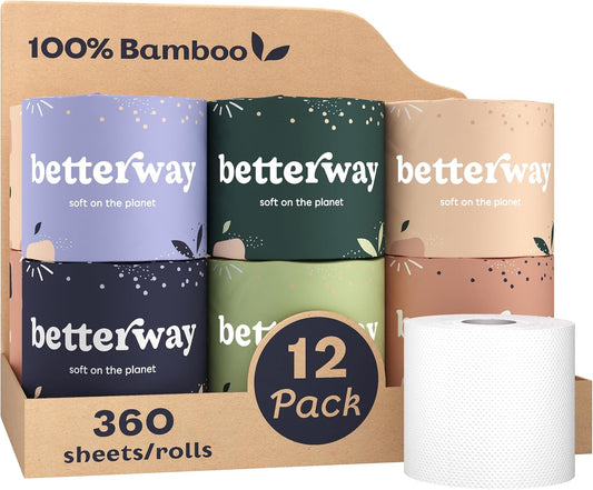 Betterway Bamboo Toilet Paper 3 Ply - Sustainable Toilet Tissue - 12 Double Rolls & 360 Sheets Per Roll - Septic Safe - Organic, Plastic Free - FSC