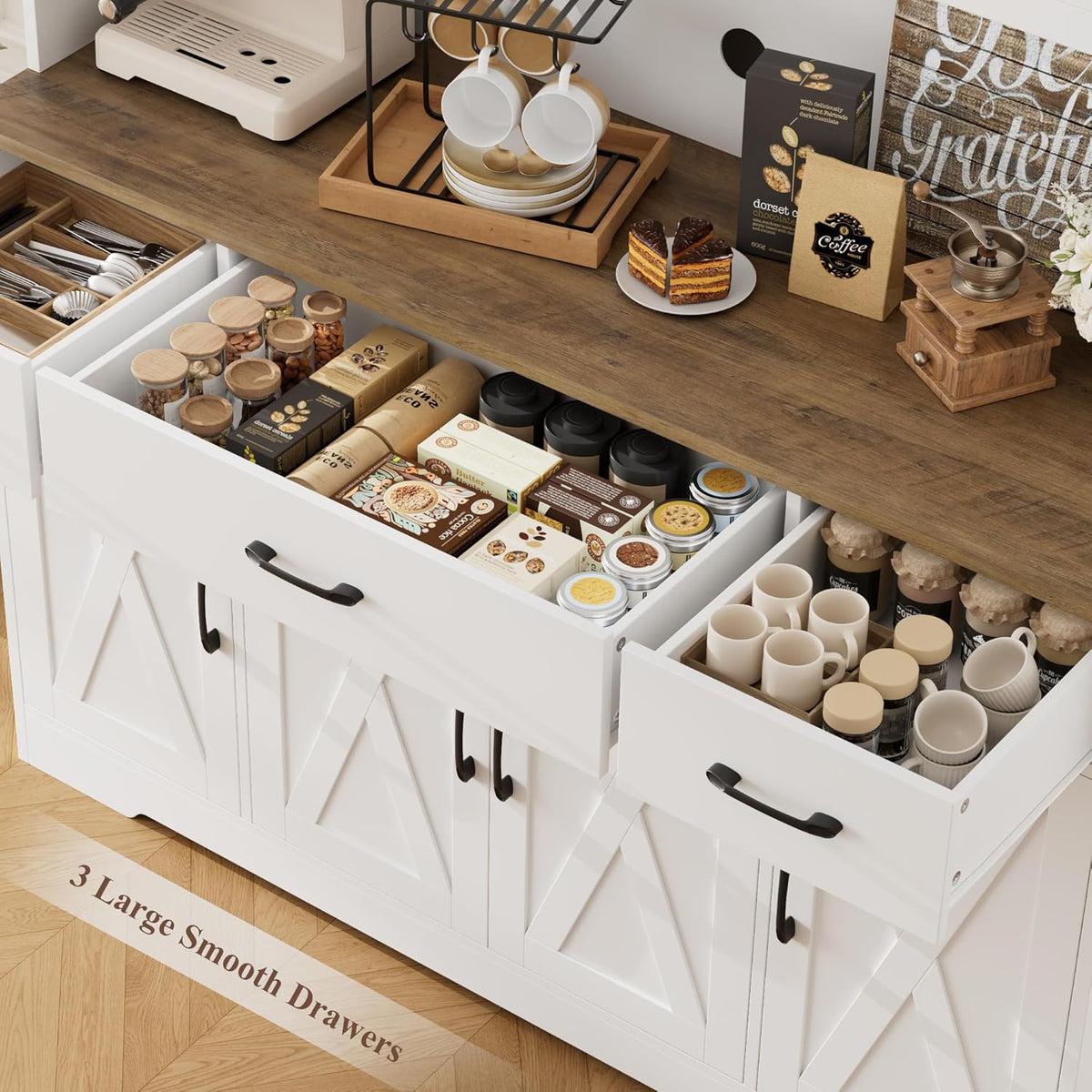 HOSTACK 71" Tall Kitchen Pantry Storage Cabinet with Charging Station, 55" Wide Kitchen Hutch Cabinet with Large Countertop, Farmhouse Food Pantry