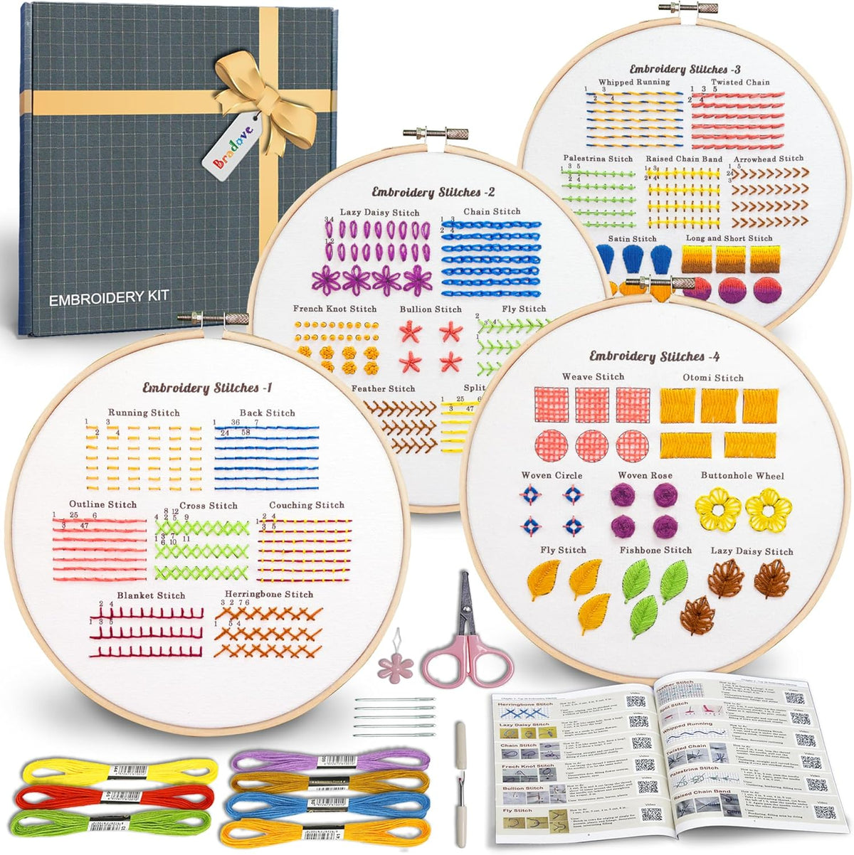 Bradove Classic Embroidery Stitches Practice Kit, Embroidery Kit for Beginners, Beginner Embroidery Kit for Adults, Hand Embroidery Kit for Kids