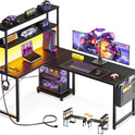 ODK 53 Inch L Shaped Desk with LED Lighting, Reversible Gaming Desk with Power Outlets, Cornor Computer Table with Storage Shelves & Bag & Iron Hook