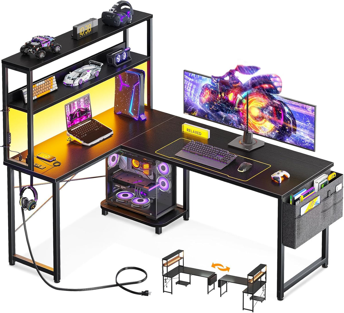 ODK 53 Inch L Shaped Desk with LED Lighting, Reversible Gaming Desk with Power Outlets, Cornor Computer Table with Storage Shelves & Bag & Iron Hook