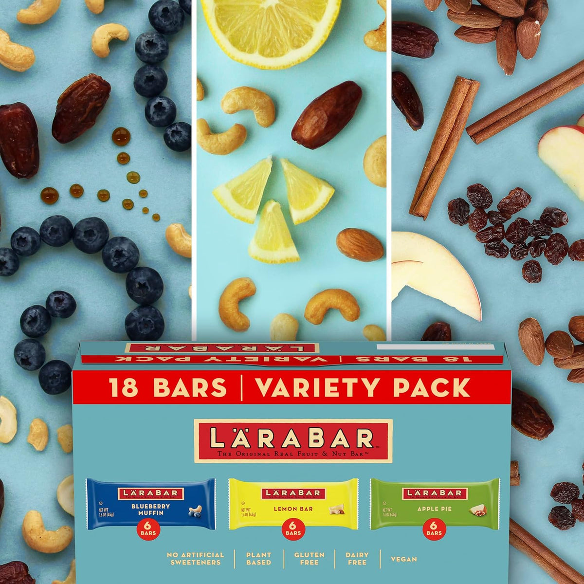LARABAR Fruit & Nut Bars Variety Pack 18 Count (1.6 oz Each), Blueberry Muffin Lemon Apple Pie, Vegan Gluten Free Dairy Free Plant Based, Granola