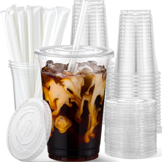AOZITA 25 Pack - 16 oz Plastic Cups with Lids and Straws, Clear Iced Coffee Cups with Lids, Disposable Cups with Lids for Cold Drinks, Iced Tea