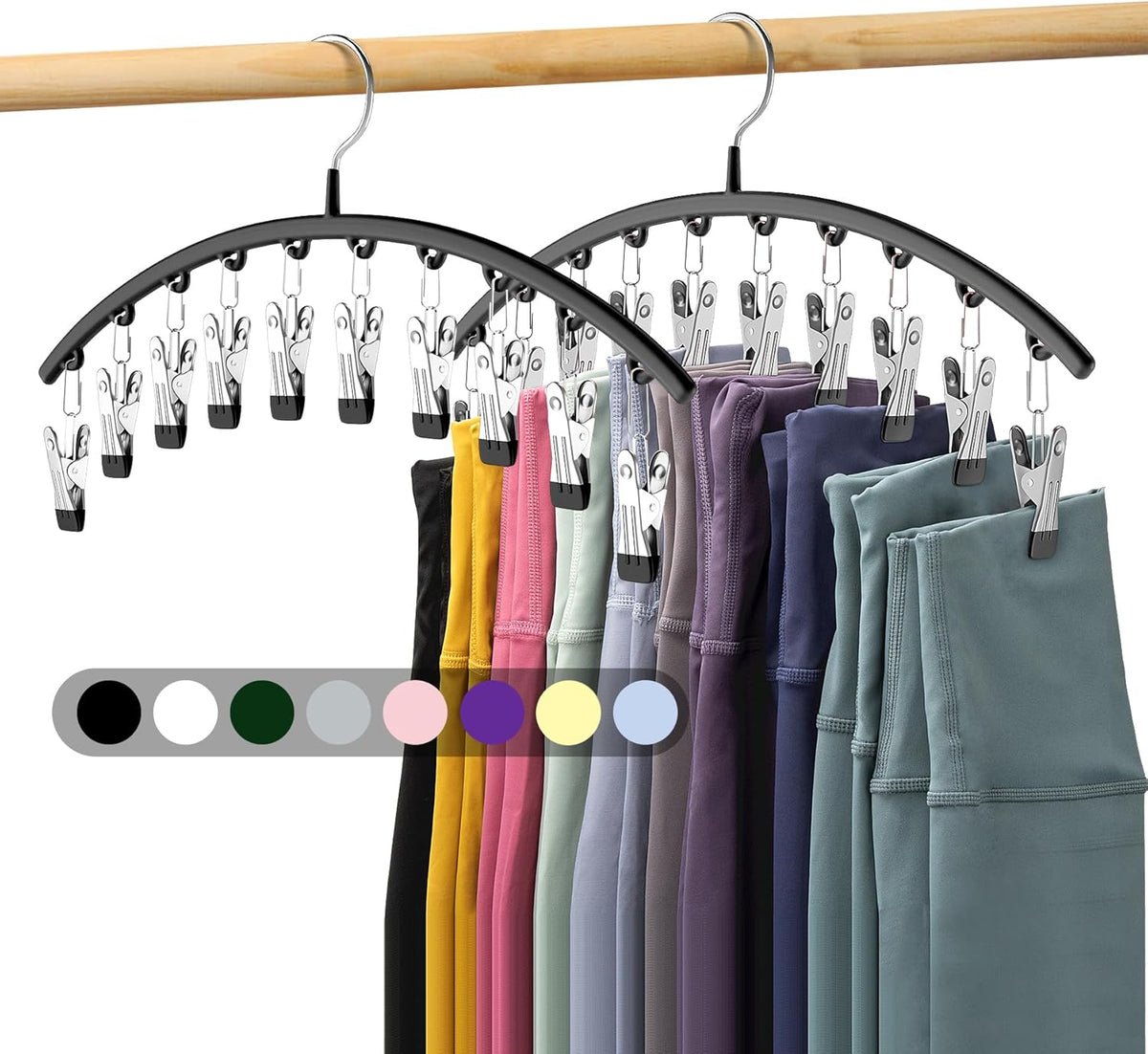 Legging Organizer for Closet, Metal Yoga Pants Hangers 2 Pack w/10 Clips Holds 20 Leggings, Space Saving Hanging Closet Organizer w/Rubber Coated