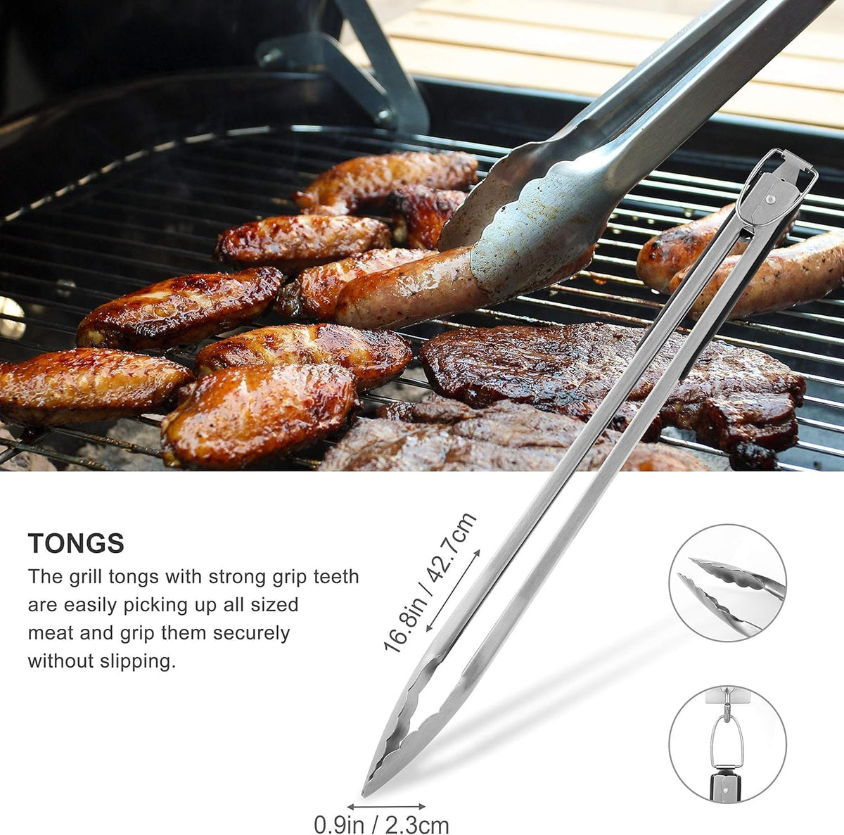 grilljoy 8PCS BBQ Grill Tools Set with Extra Thick Stainless Steel Spatula, Fork, Tongs & Cleaning Brush - Complete Barbecue Accessories Kit with