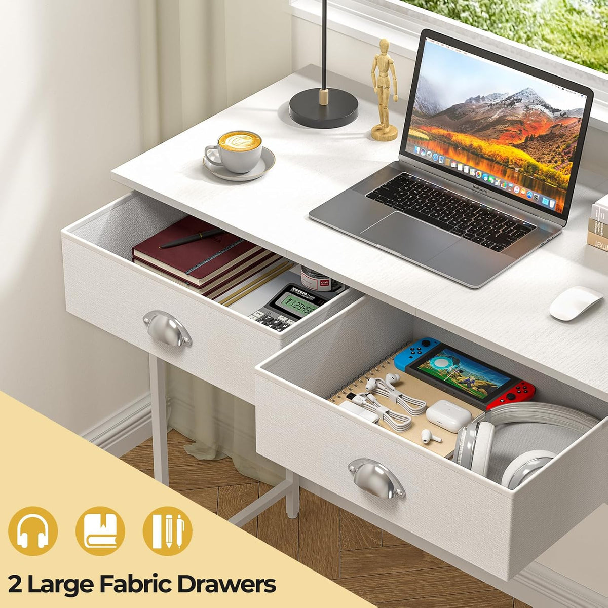 Small Writing Desk for Kids Bedroom, 31.5 Inch White Computer Desk for Small Spaces, Simple Desk with 2 Fabric Drawers for Home Office, Dorm, Living