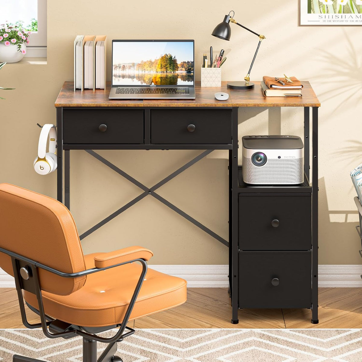 Small Computer Desk with 4 Fabric Drawers, Simple Writing Desk for Home Office, Compact Study Desks for Small Spaces, Kids Desk Study for Bedroom