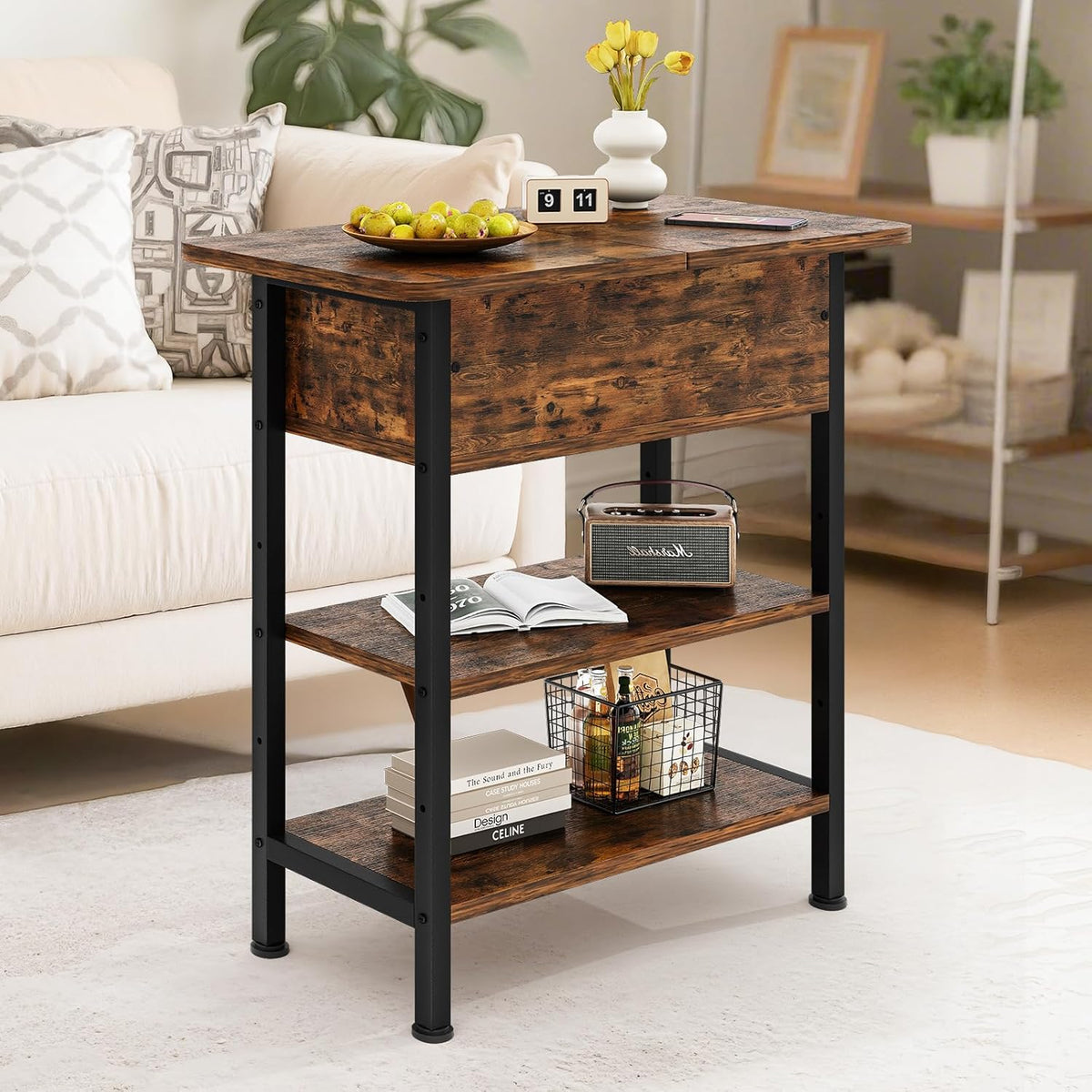 End Table with Charging Station, Flip Top Side Table with USB Ports and Outlets, 3-Tier Small Side Table with Storage for Small Space, End Tables for