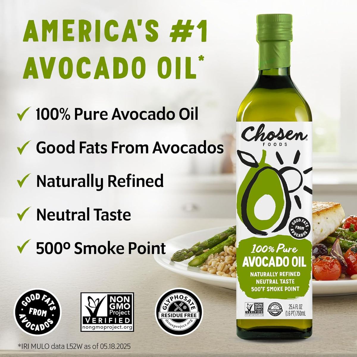Chosen Foods Avocado Oil, 16.9 Fl Oz - All Purpose Cooking Oil made from 100% Pure Avocados - Non-GMO, Gluten-Free, Keto Friendly, Glyphosate Free