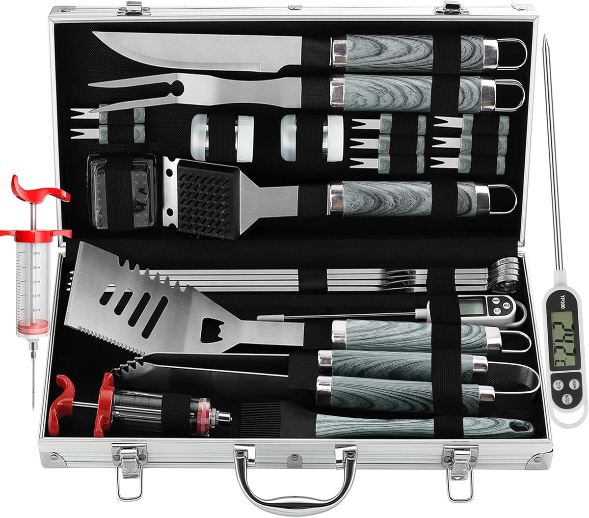 grilljoy 24PCS BBQ Grill Tools Set with Meat Thermometer and Injector - Extra Thick Stainless Steel Fork, Spatula& Tongs - Complete BBQ Accessories