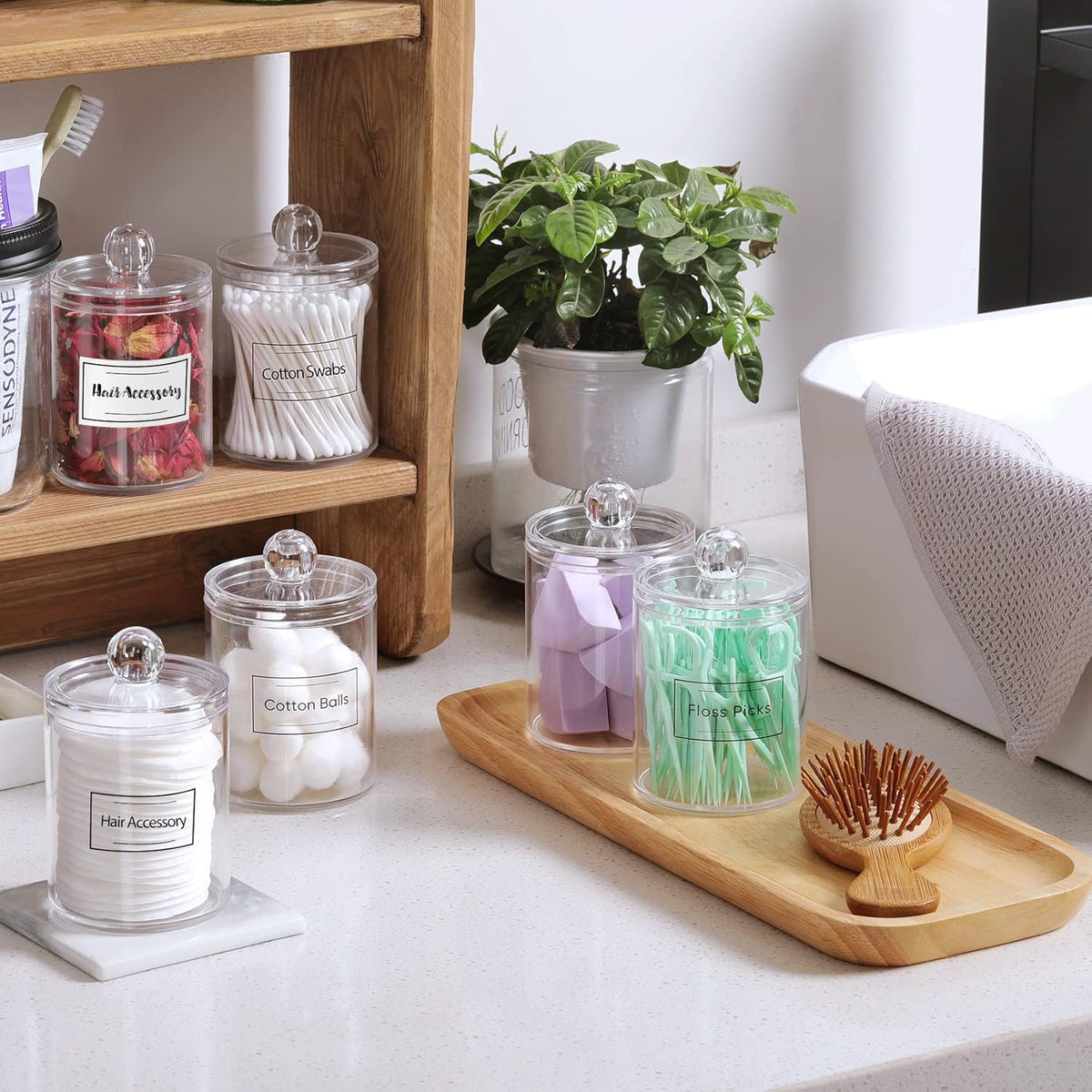 4 Pack Acrylic Qtip Holder Dispenser for Cotton Swabs, Balls, Pads, Floss Picks- Small Clear Plastic Canister Apothecary Jar Set, Bathroom Essentials