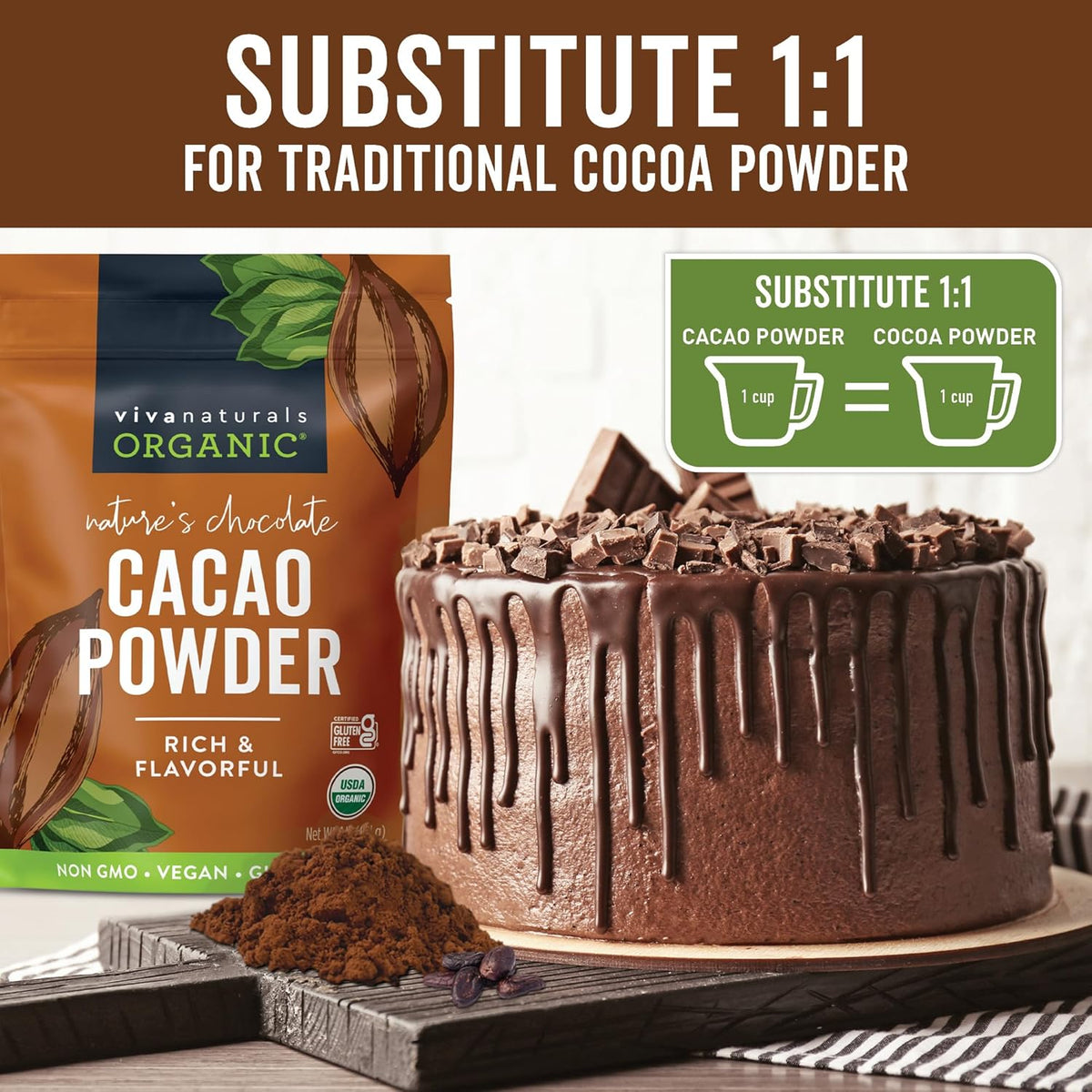 Organic Cacao Powder, Unsweetened, 1 lb (454 g) – Rich Dark Chocolate Flavor, Perfect for Baking, Smoothies & Hot Chocolate – Vegan, Keto, Paleo