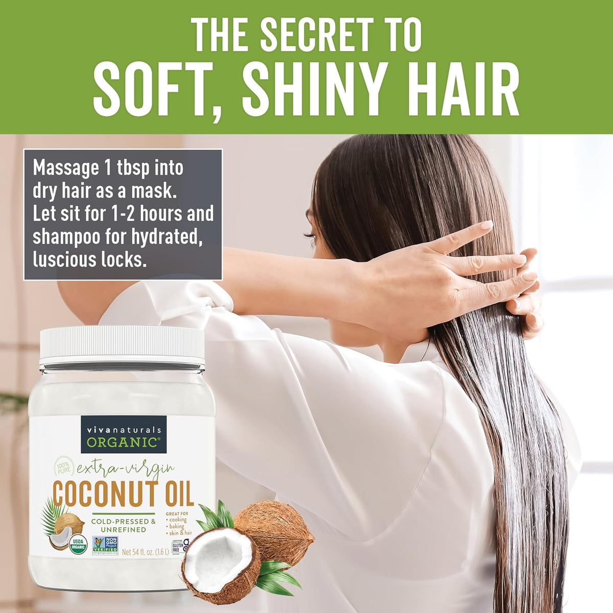 Viva Naturals Organic Coconut Oil, 54 fl oz – Unrefined, Cold-Pressed Extra Virgin Coconut Oil, USDA Organic & Non-GMO, Natural Cooking Oil, Hair Oil
