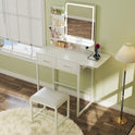 Small Vanity Desk with Mirror and Lights, Makeup Vanity with Fabric Storage Drawer, Chair and Three Shelves, White Vanity with Power Outlet and