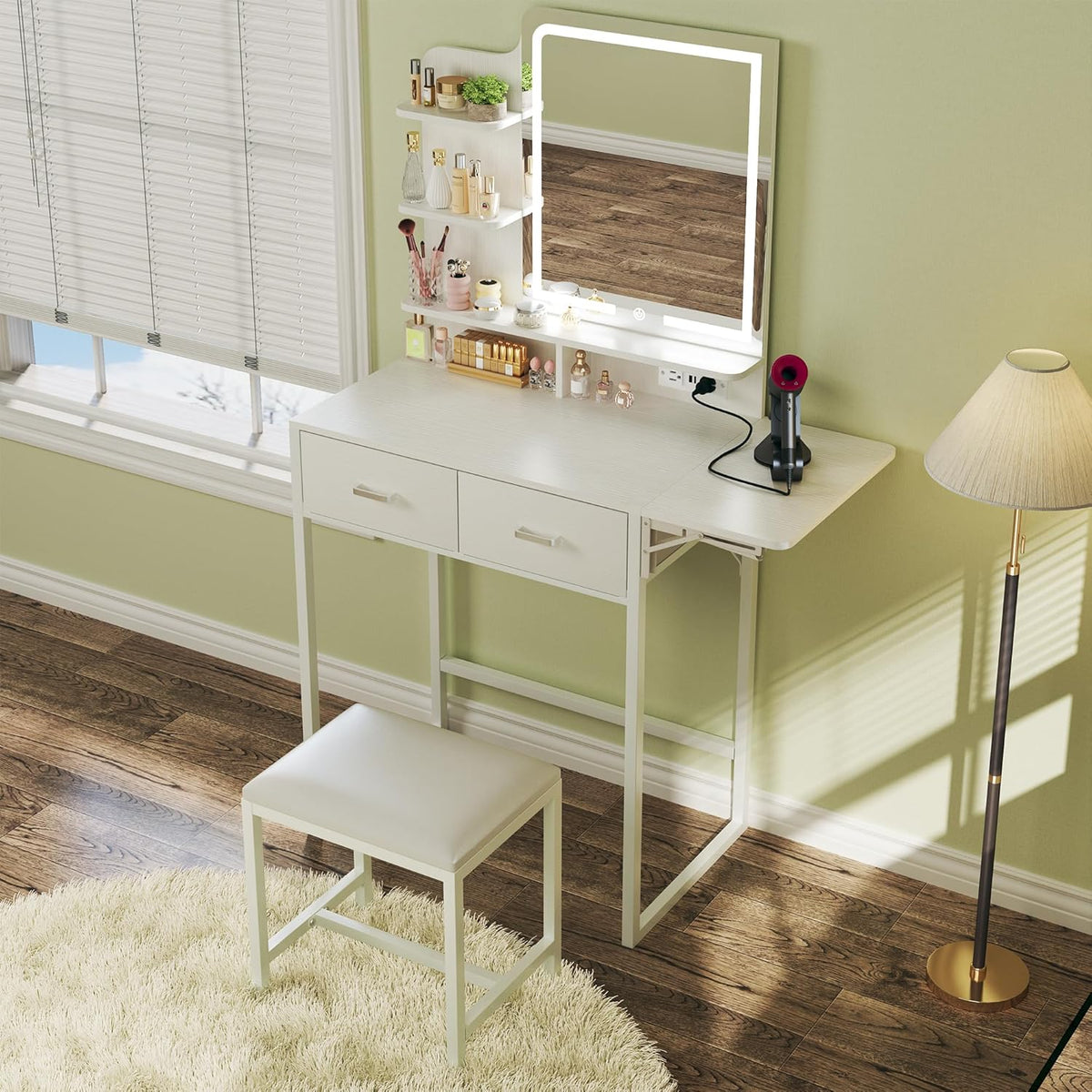 Small Vanity Desk with Mirror and Lights, Makeup Vanity with Fabric Storage Drawer, Chair and Three Shelves, White Vanity with Power Outlet and