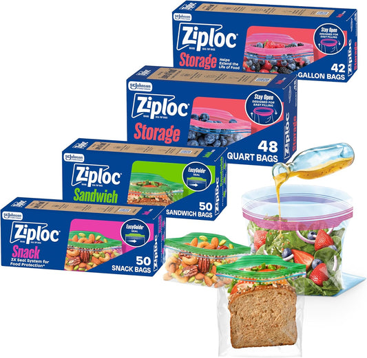 Ziploc Brand 190 Count Storage Bags Variety Pack, 42ct Storage Gallon and 48ct Storage Quart with Stay Open Design, 50ct Sandwich and 50ct Snack with